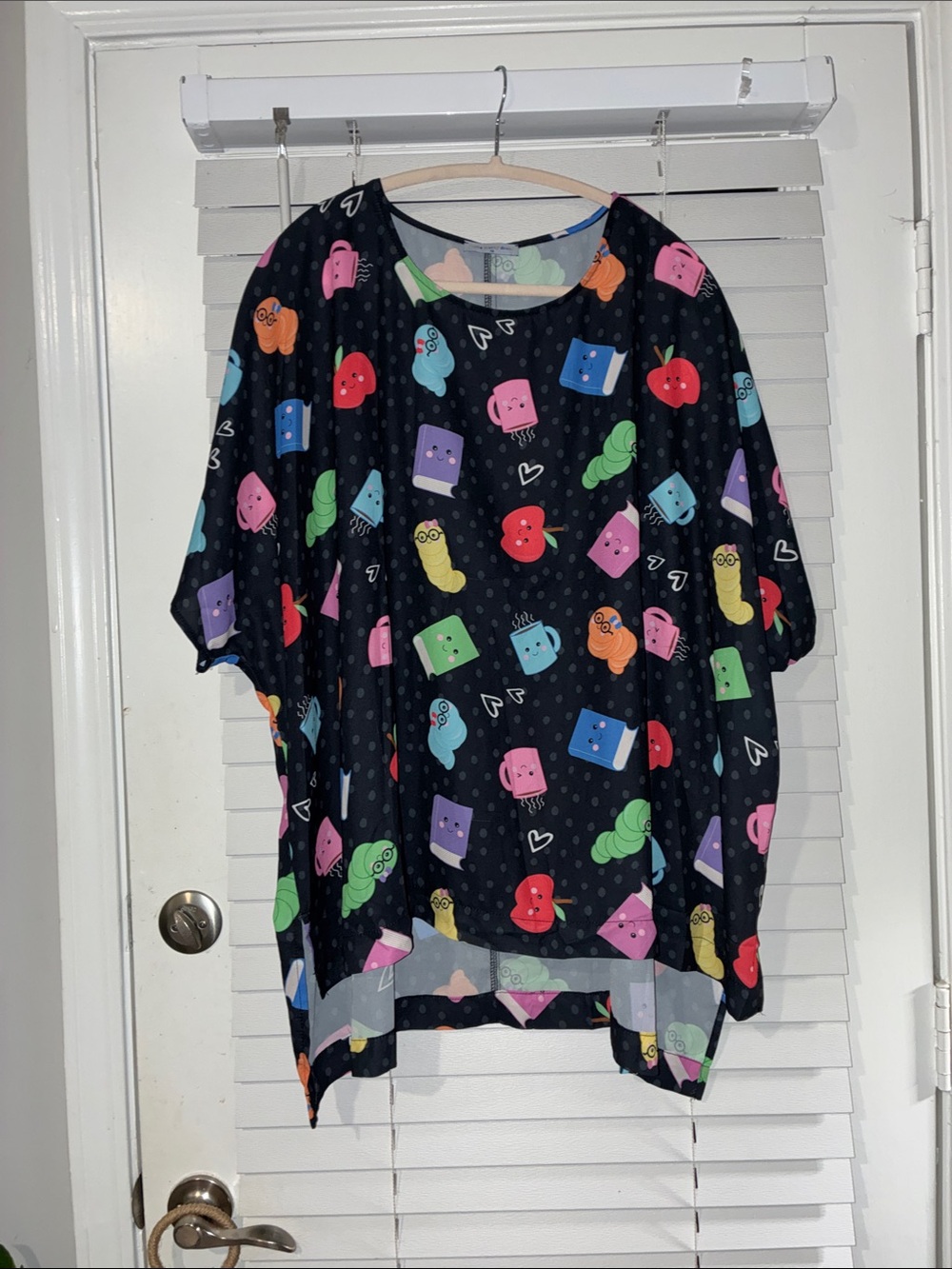 Women’s Black Tunic Top with Playful Multi-Color Cartoon Print